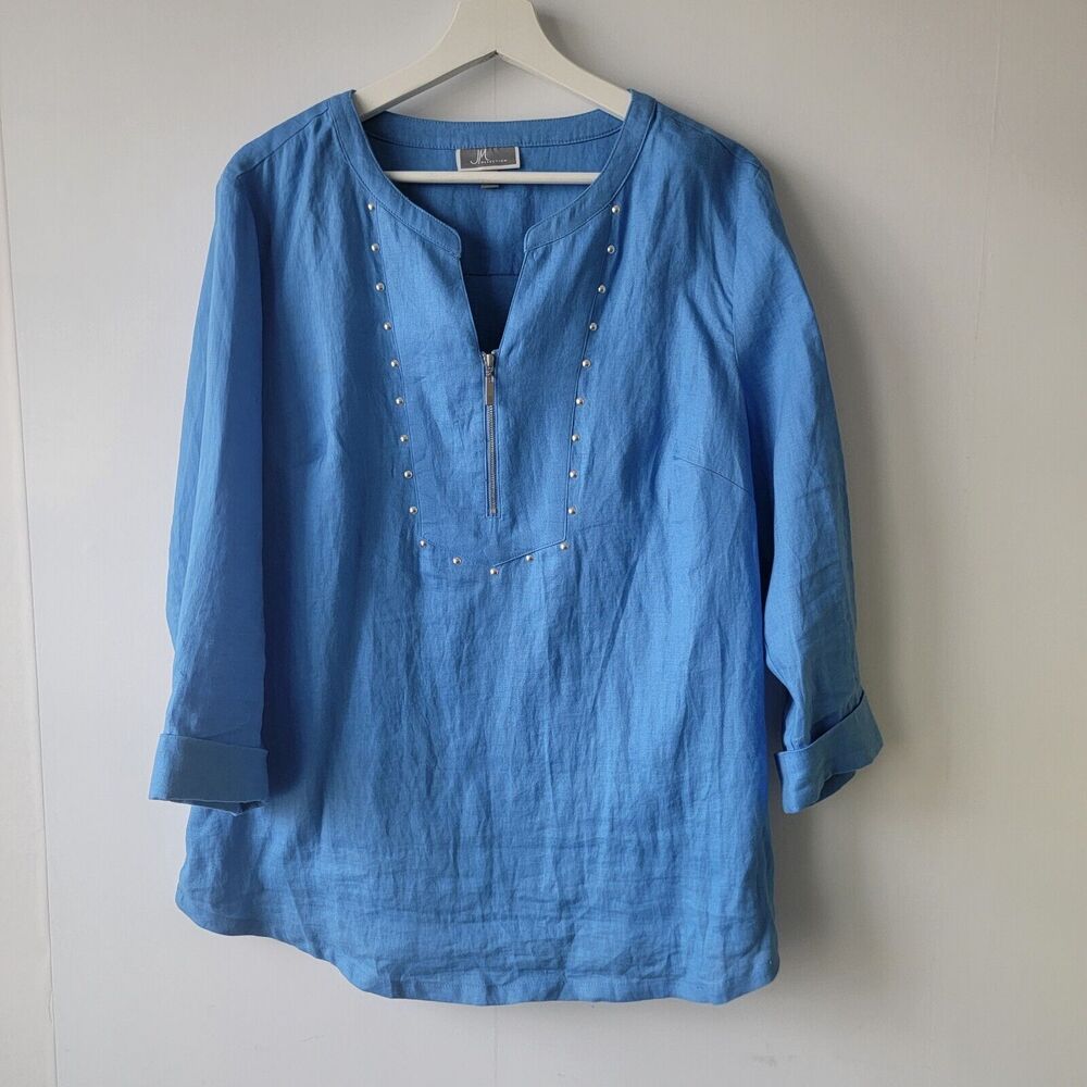 jm collection womens shirt size L 100% linen silver studs 3/4 sleeve blue